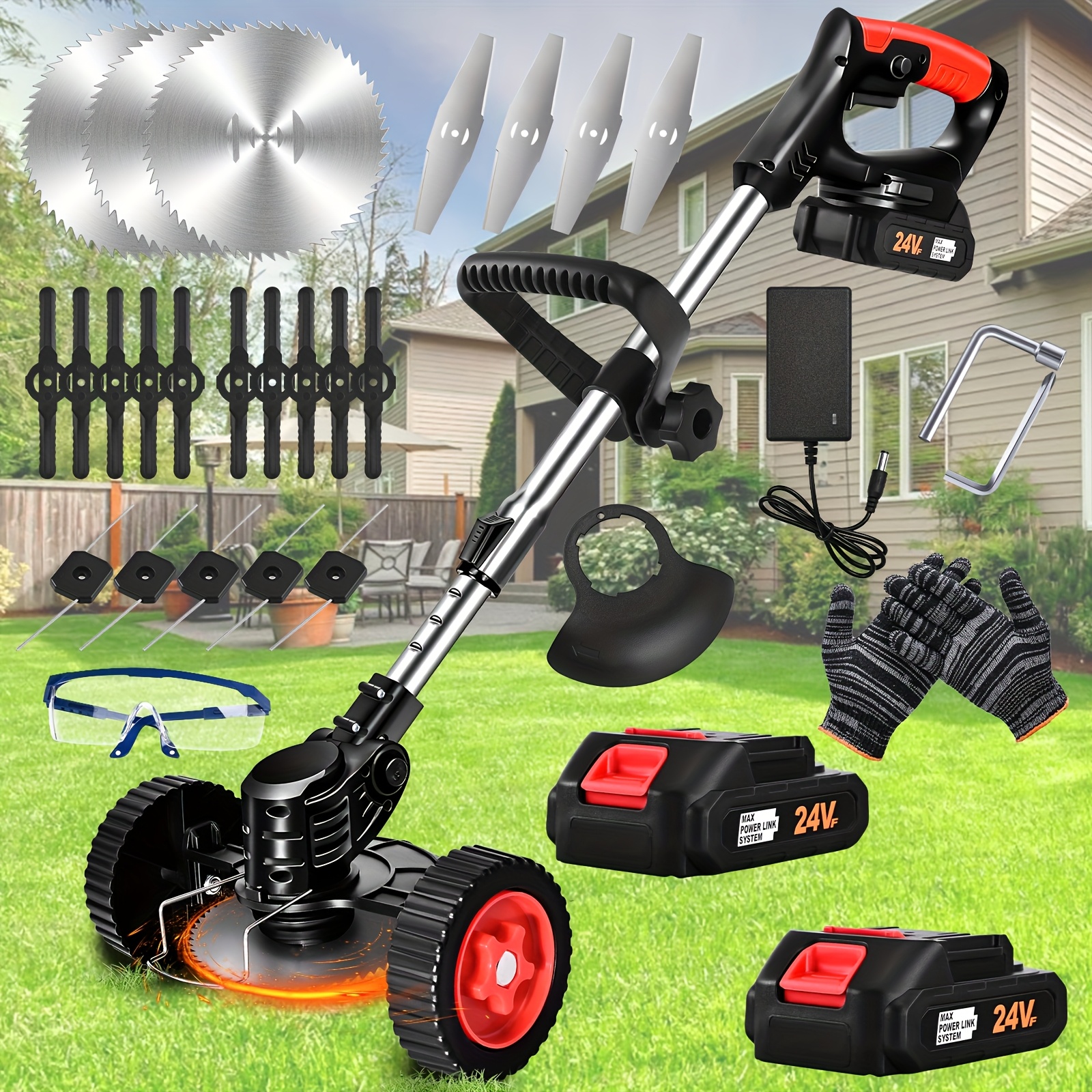 portable lawn mower 24v multi functional blade for grass   and shrubs 4 types blades push wheel 2 batteries charger adjustable handle lawn mower battery powered lightweight portable battery lawn mower for household use