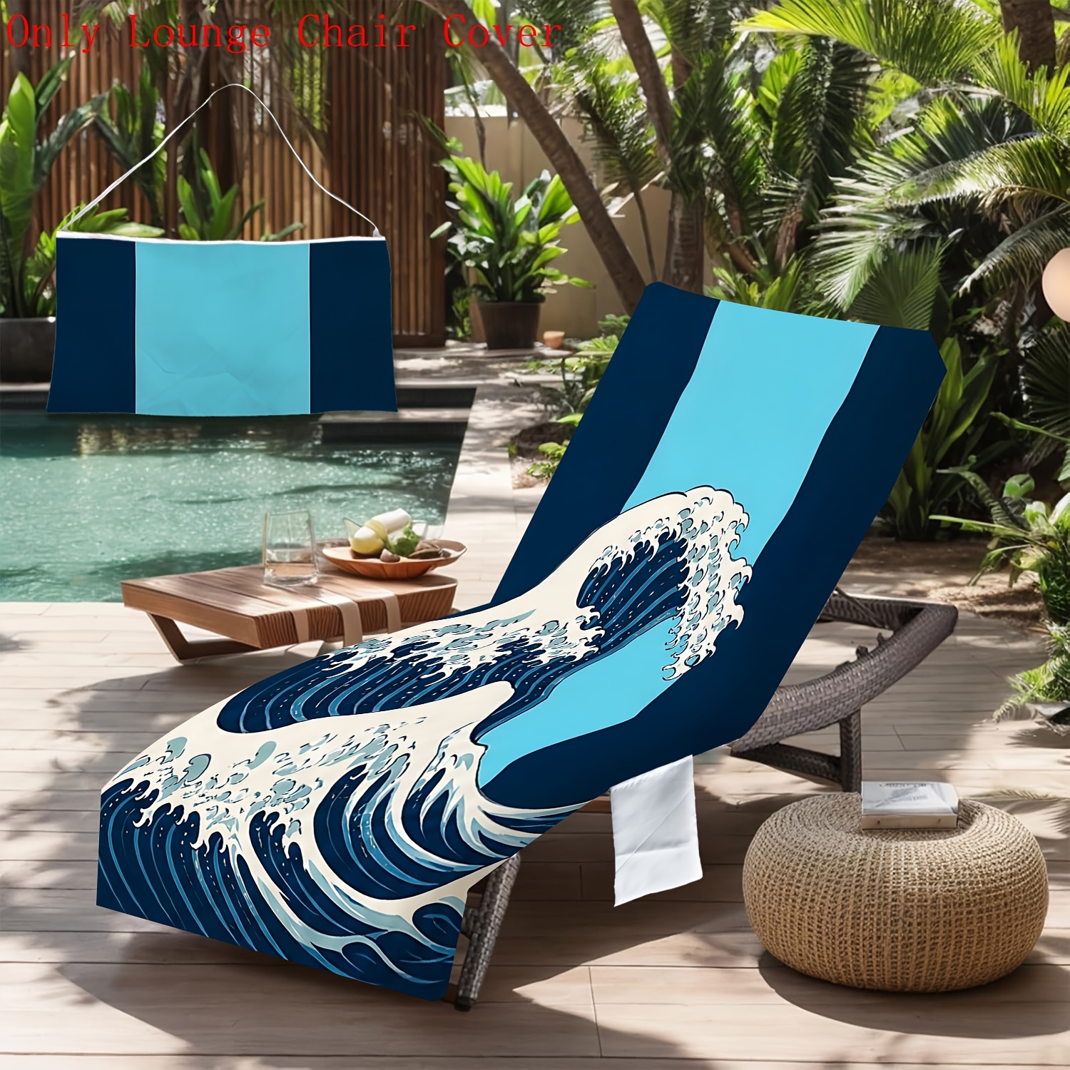TEMU 1pc Lightweight Japanese Waves Beach Pool Lounge Chair Towels With Side Pockets, Outdoor Travel Picnic Camping Beach Chair Cover Towels
