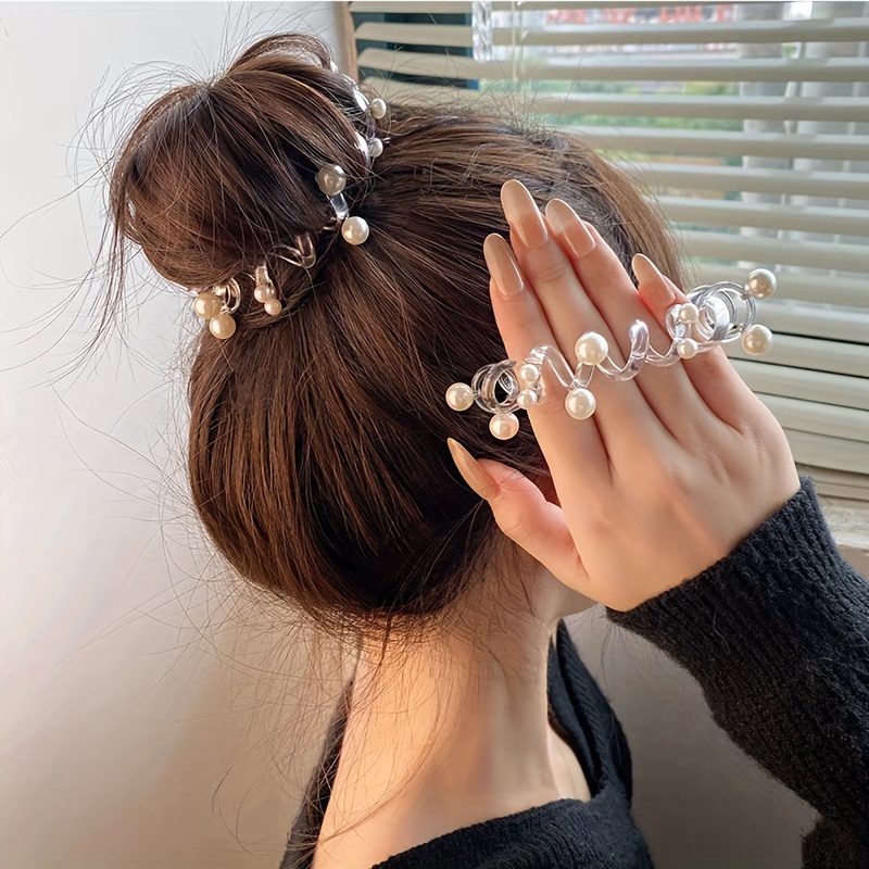 

gentle Grip" 2-piece Elegant Faux Pearl Spiral Hair Ties - No-damage, Transparent Phone Cord Ponytail Holders For Women And Girls