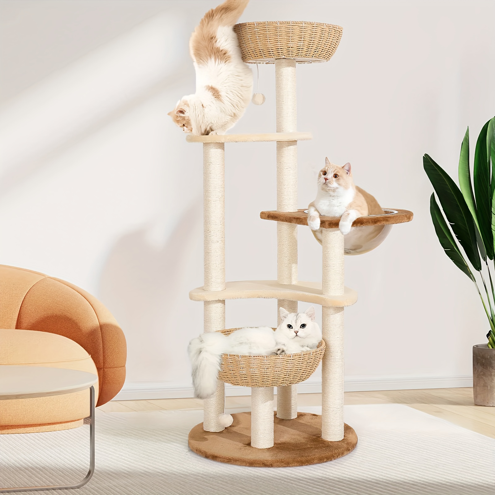 TEMU Modern Cat Tower Tree For Large Cats 25ibs, 55 Inch Cute Boho Cat Tower Tall With 2 Cat Basket Beds & Space , Unique Rattan Wicker Adult Cat