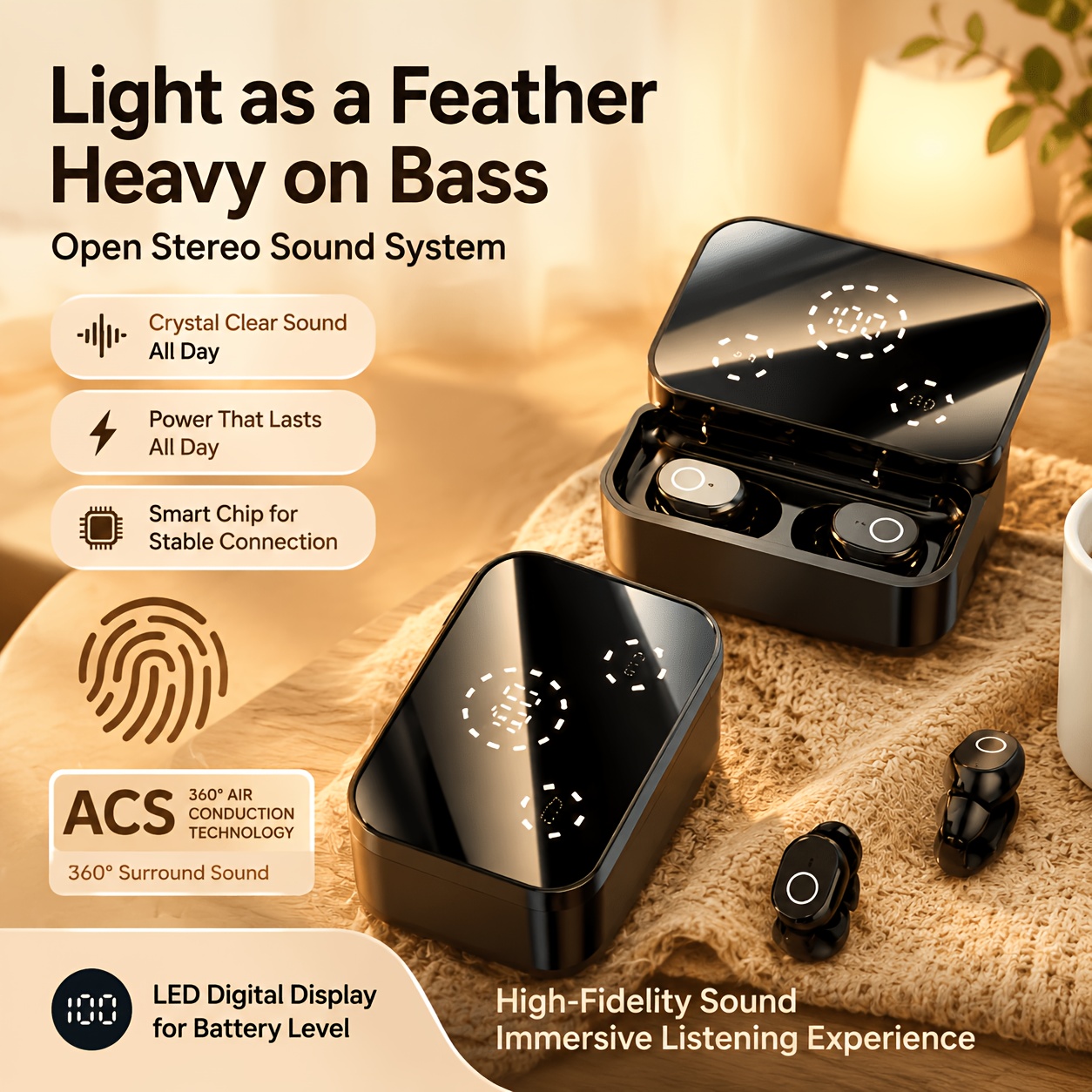 fon   wayarles dalam telinga  ,   bateri panjang, paparan kuasa led, kualiti bunyi stereo hifi surround, pengurangan hingar pintar enc, bunyi anti-bocor