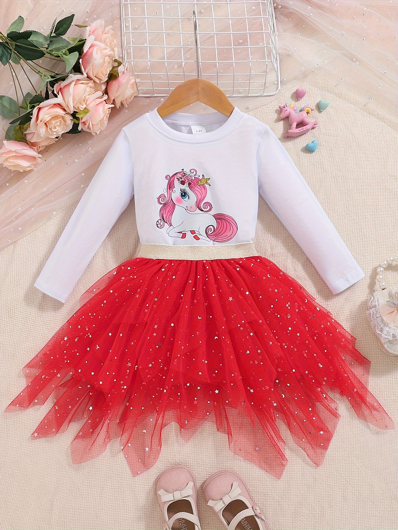 Kids' Unicorn Print Long-Sleeve T-Shirt Sequined Contrast Mesh Tutu Skirt  Set Casual Polyester Crew Neck, Medium Stretch Spring/Fall Outfit for