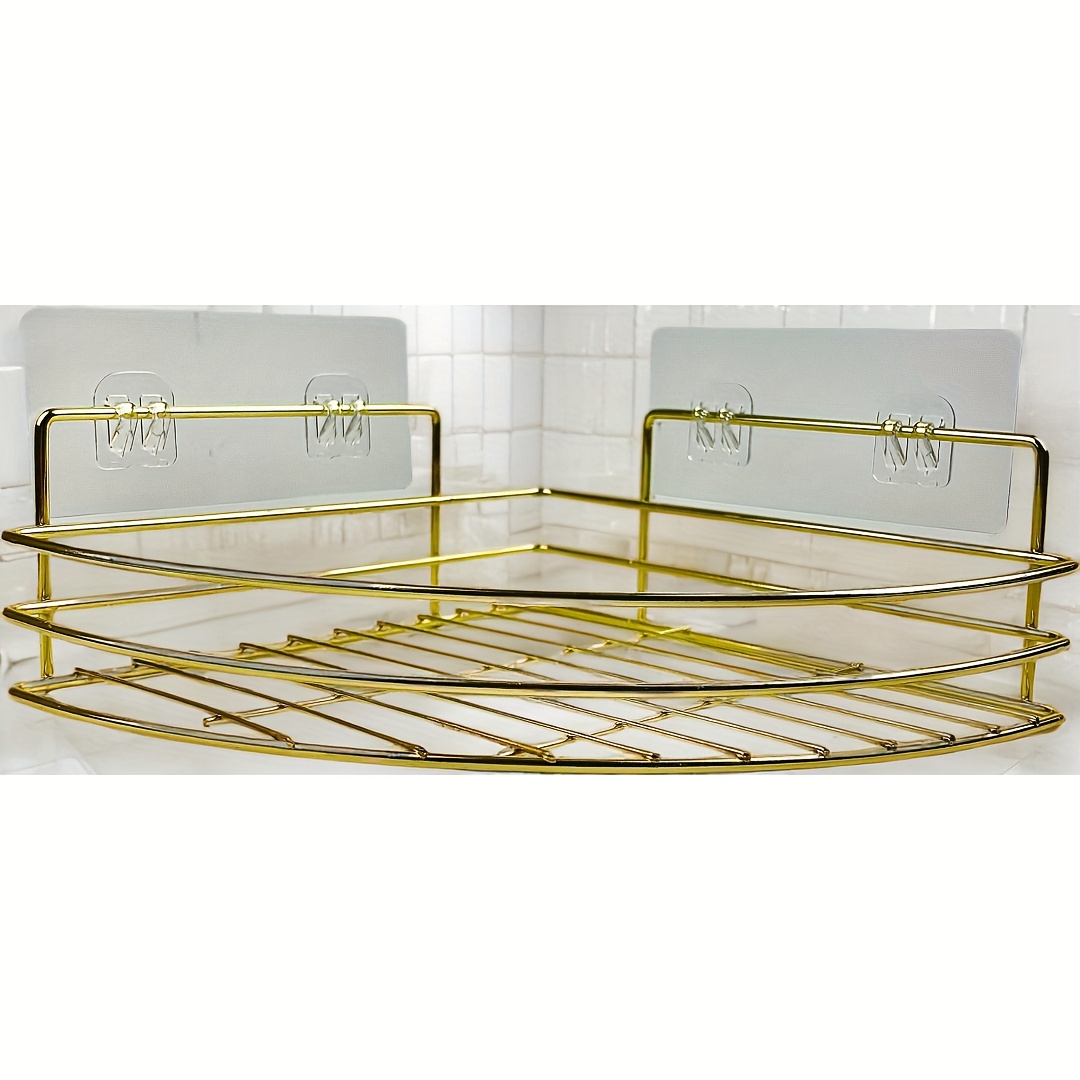 E-shop Eck-Duschablage mit 2 Haken, 1-Etagen Edelstahl Badezimmer-Dusch-Organizer, wandmontiertes Aufbewahrungsregal, bohrfreier Kleber, dreieckiges