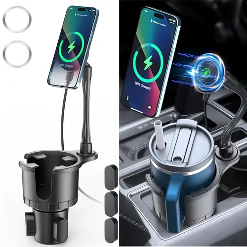 magnetic car cup holder phone mount for magsafe 2 in 1 15w fast charging cell phone holder compatible with iphone 16 15 14 series most bottles