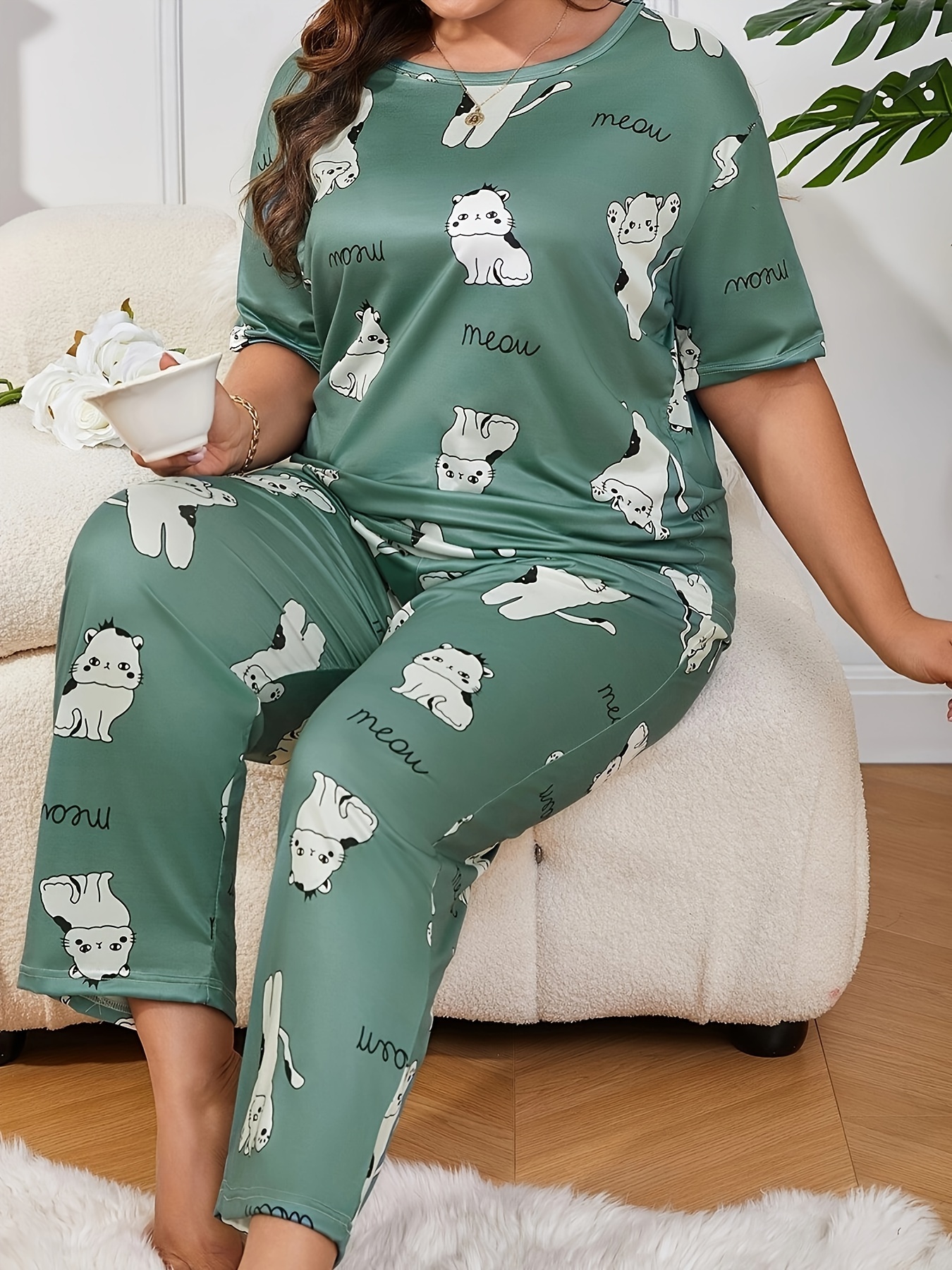 Women's Casual Pajamas Set Plus Size Cute Cat Leopard Print - Temu