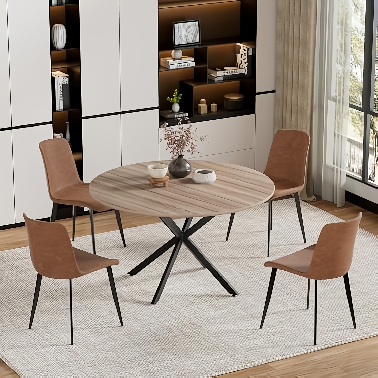 Dining Table, 120cm Kitchen Dining Table, Round, Wooden Kitchen Dining Table, Vintage Industrial Style Dining Table, Metal Legs, Natural Walnut Veneer