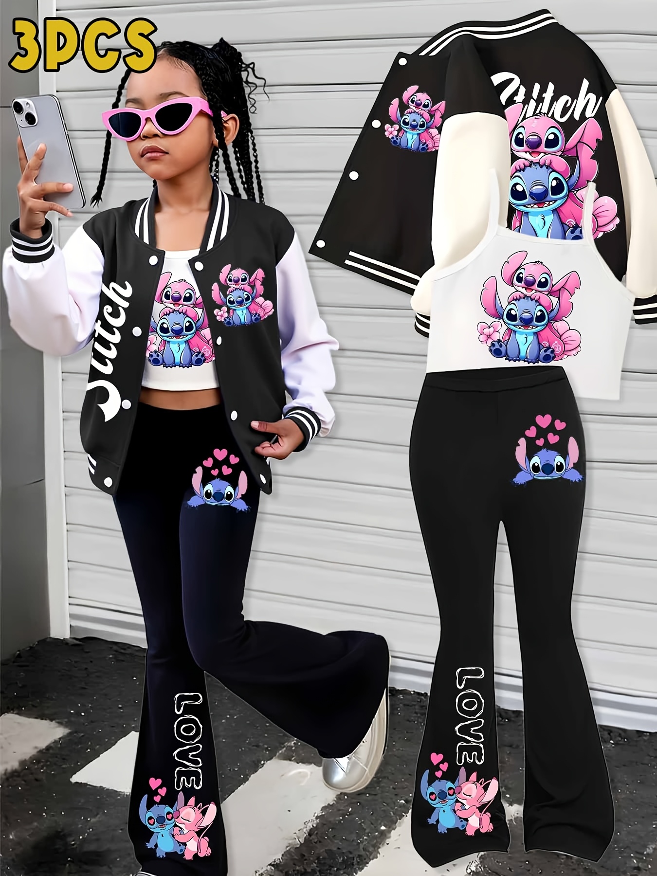 Disney Stitch Girls' Jas Baseballpak + Vest + Flare Broek Set