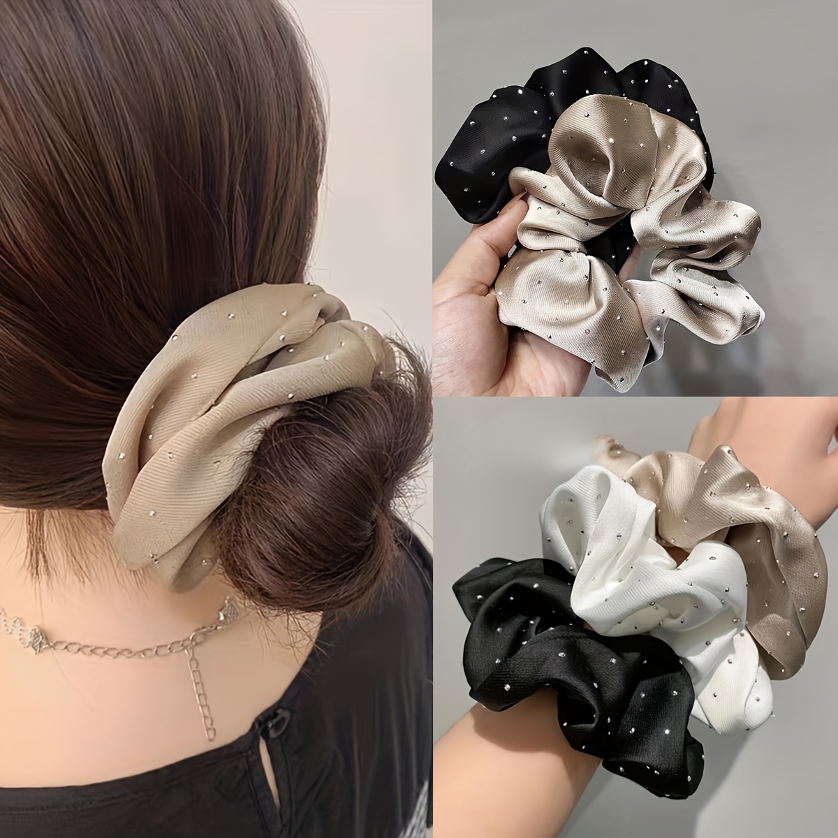 

3-pack Elegant Shimmer Fabric Solid Color Scrunchies, Elastic Hair Bands For Women & Girls, Simple Style Hair Ties, Daily Wear Accessories