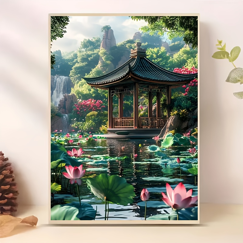 TEMU 1 Set 30x40cm/11.8x15.75inches Unframed Diamond Painting Lotus Pond Landscape, 5d Full- Acrylic Art Craft, Mosaic Decoration Wall Art Decor,