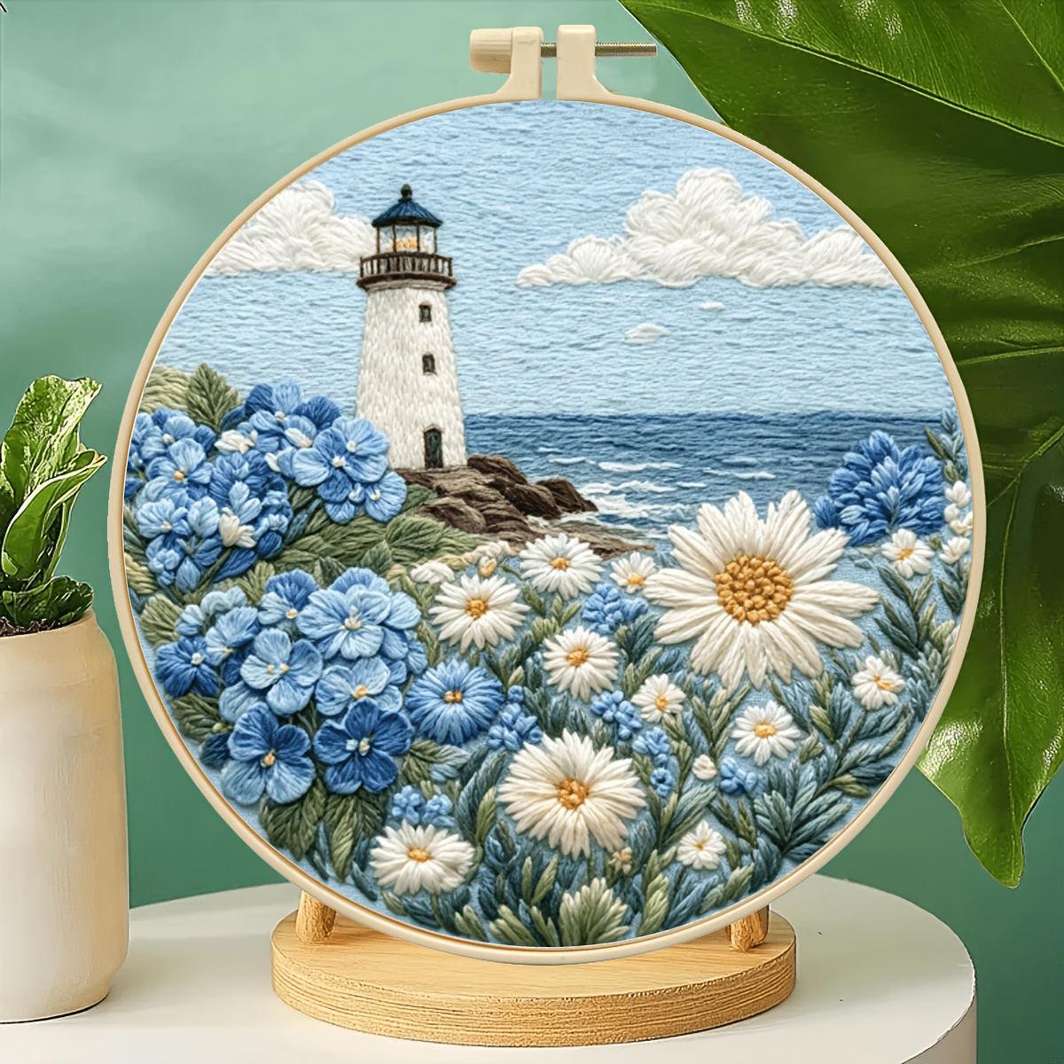 TEMU 1 Embroidery Kit, "lighthouse Flowers", Diy Craft Material Set, Complete Tools For Beginners, Scenery, Home Decor, Stress- Creative Handmade