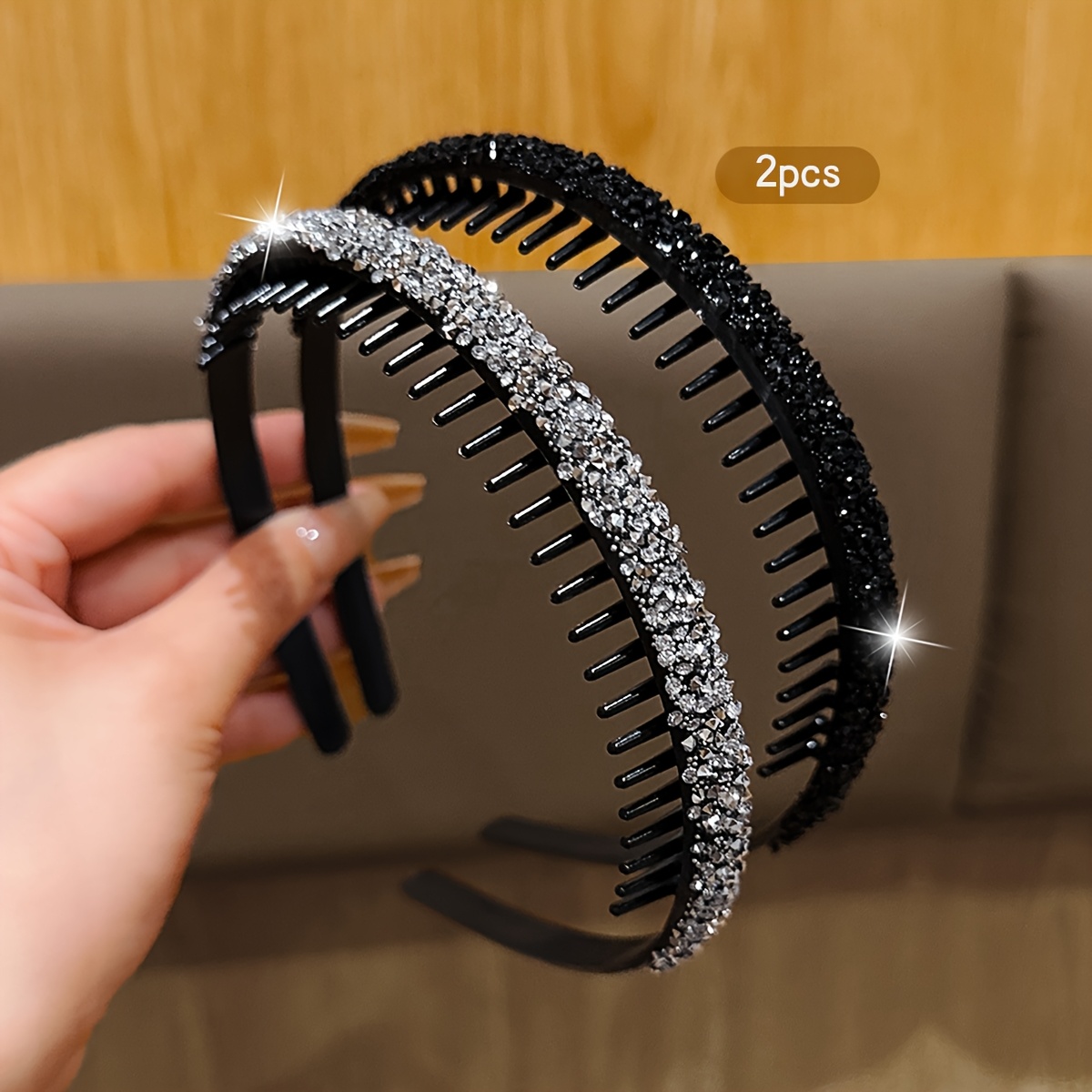 Image of 2 Korean Style Rhinestone Toothed Non-slip Headbands, Fashionable Hair Additions, Suitable For Daily Use