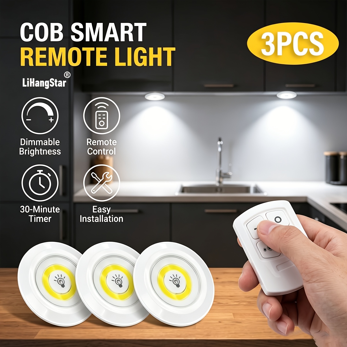TEMU 3pcs Indoor Led Wall Lights With Remote Control, Under-cabinet Night Lights, Touch Control (requires 2 Or 3 Aaa Batteries-not Included), Timer