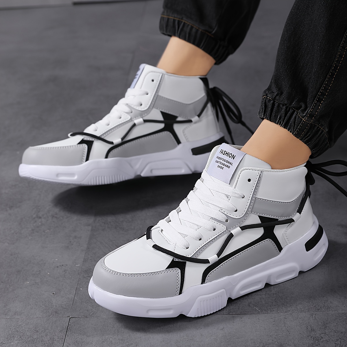 Men'S Front Strap Letter Pattern Contrast Color Double Shoelaces Fashion Design Outdoor Breathable High Top Casual Sneakers