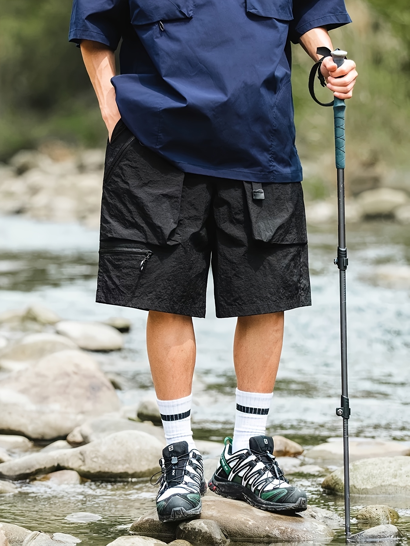 mens summer cargo shorts zipper pockets black loose fit Temu