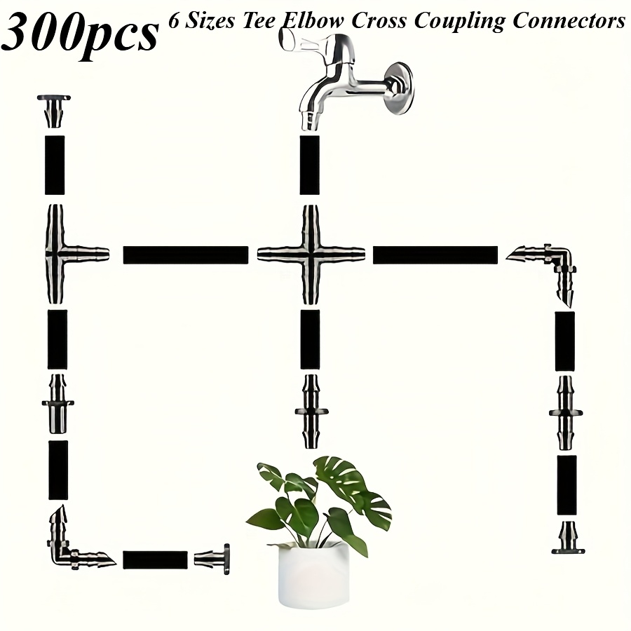 Image of 300pcs Drip Irrigation Barbed Fittings, 6 Sizes Tee Elbow Cross Coupling Connectors, Diy Micro Irrigation Pipe Repair Kit For Garden Greenhouse Potted Plants