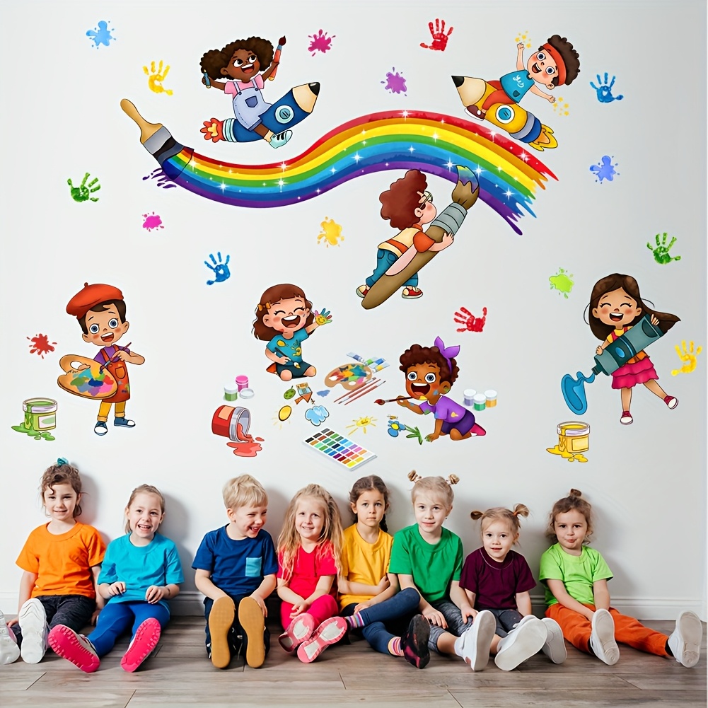 Image of Cartoon Doodle Painting Palm Print Rainbow Wall Sticker Kids Room Kindergarten Classroom Bedroom Living Room Background Wall Decoration Wall Sticker