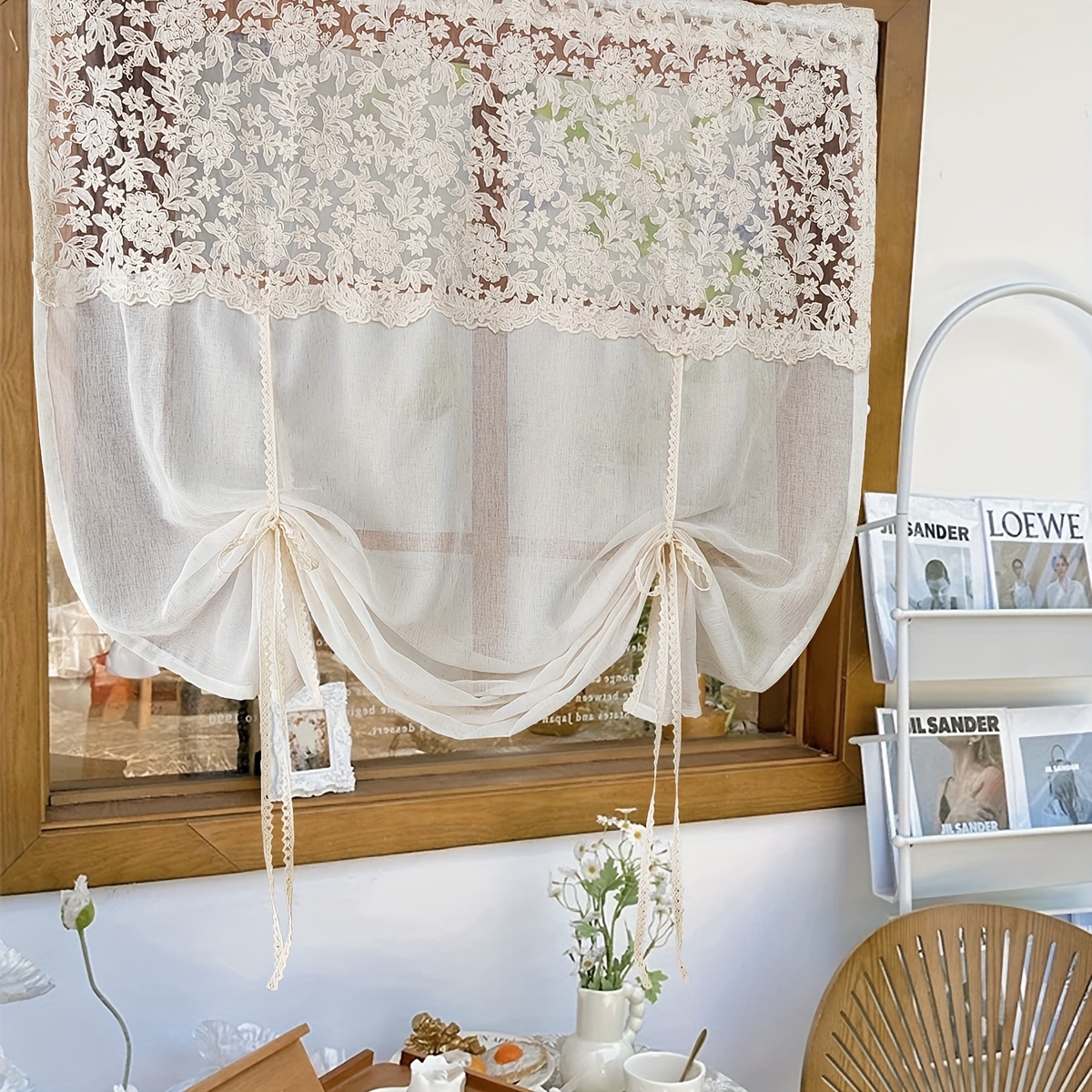 Image of 1pc, French Embroidery Sheer Curtain, Beige Vintage Translucent Tulle, Suitable For Living Room, Bedroom, Study, Rod Not Included