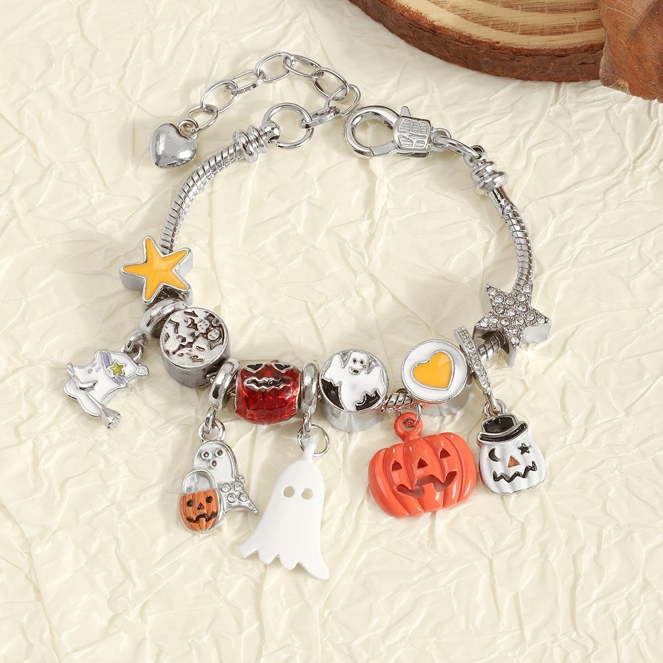 TEMU 1pc Women' Gothic Beaded Bracelet With Demon Pumpkin Bat Pendant - Non-metallic Spooky Suitable For Halloween Parties, Bathtub Cuff For Autumn ,