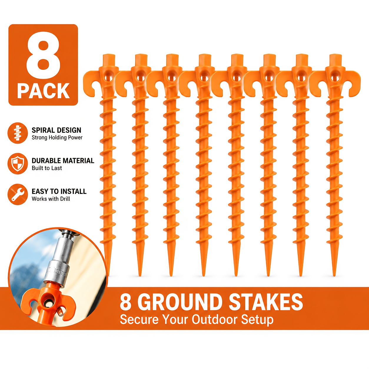 TEMU Lot de 8 piquets de tente spirale orange robustes avec tête hexagonale compatible avec perceuse, piquets de tente à visser rapidement, ancres de