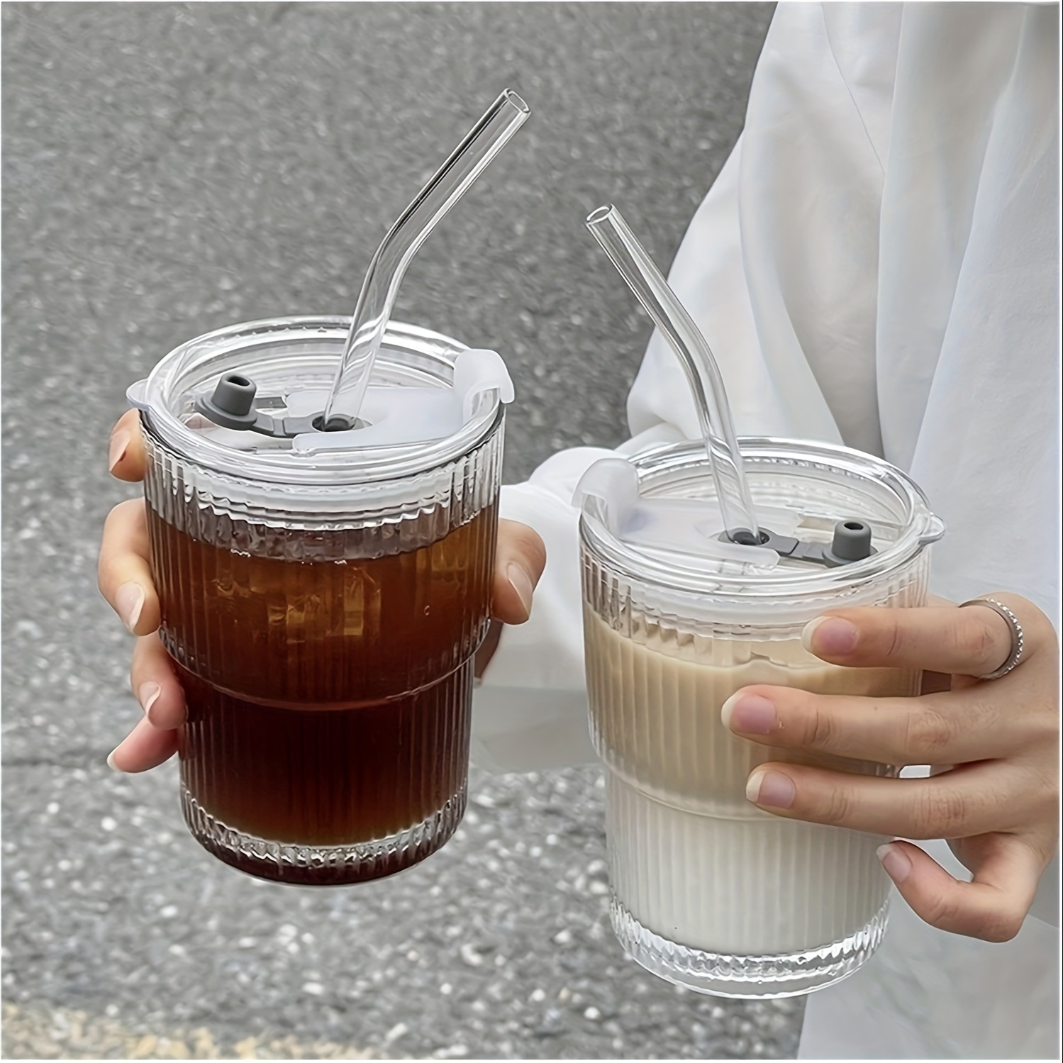 2 4  glass coffee cups with straws and lids 360ml 12 17oz durable drinking glasses   coffee tea milk ideal for home office use holiday gifts couples gift Product details 1