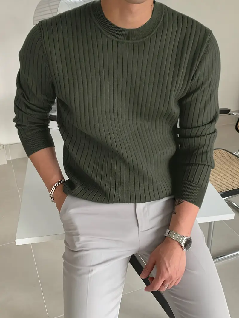 mens fashion casual crew neck long sleeve knit sweater regular fit ribbed pullover tops for spring and fall details 0