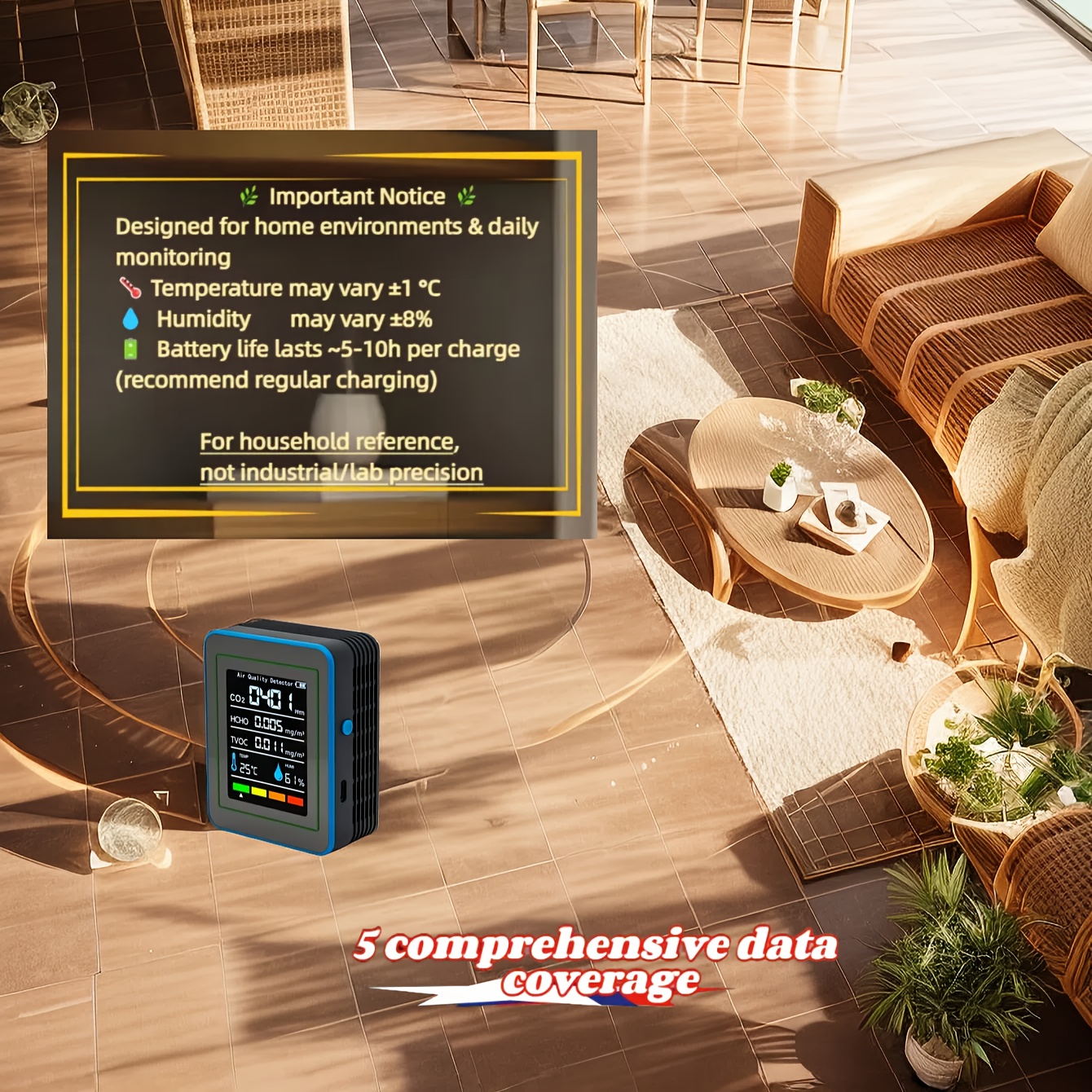 Monitor de calidad de aire portátil 5 en 1, detector de formaldehído y CO2 con datos en tiempo real de temperatura/humedad y alarmas, analizador recargable para interiores, ideal para hogar, oficina o escuela, regalo perfecto para Navidad o Día de la Madre (ligera variación en precisión)