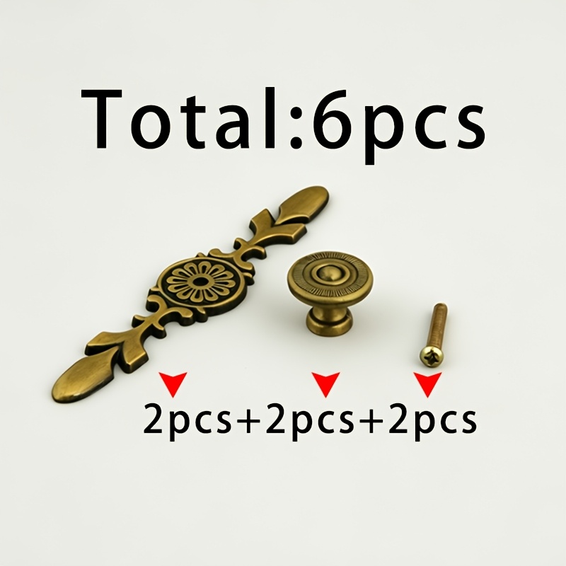 TEMU 2 Antiek Ronde Knoppen + 2 Langwerpige Knoppen met Kantpatroon + 2 Sets van 4x22 Knopschroeven, Totaal 6 stuks. Antiek Gesneden Knopset in