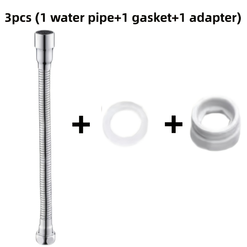 Image of 3pcs (1 Water Pipe+1 Gasket+1 Adapter) 720 ° Universal Swivel Faucet Splash Proof Spout Extender, Extension Pipe, Adapter Booster, Extension Water Pipe, Stainless Steel Material