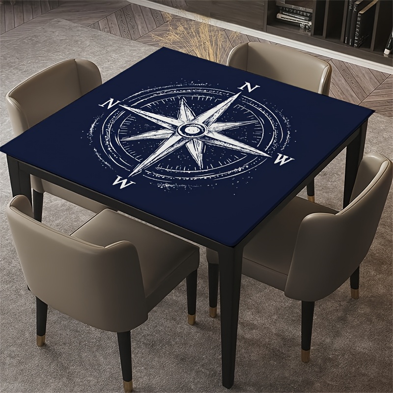 TEMU 1pc Compass Navy Icon Elastic Square Tablecloth - Nautical Design That Fits Tables Perfectly, Making It Ideal For Picnics, Camping, Dinners, And
