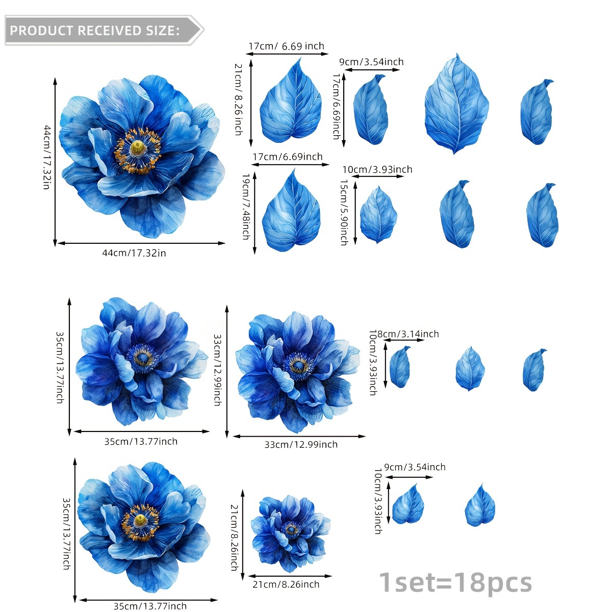 Image of A Set Of Eighteen Extra-large Creative Blue Floral Wall Stickers For Home Decoration, Self-adhesive, Pvc-free, No Glue Required, Hidden Adhesive, Mj7015-yc