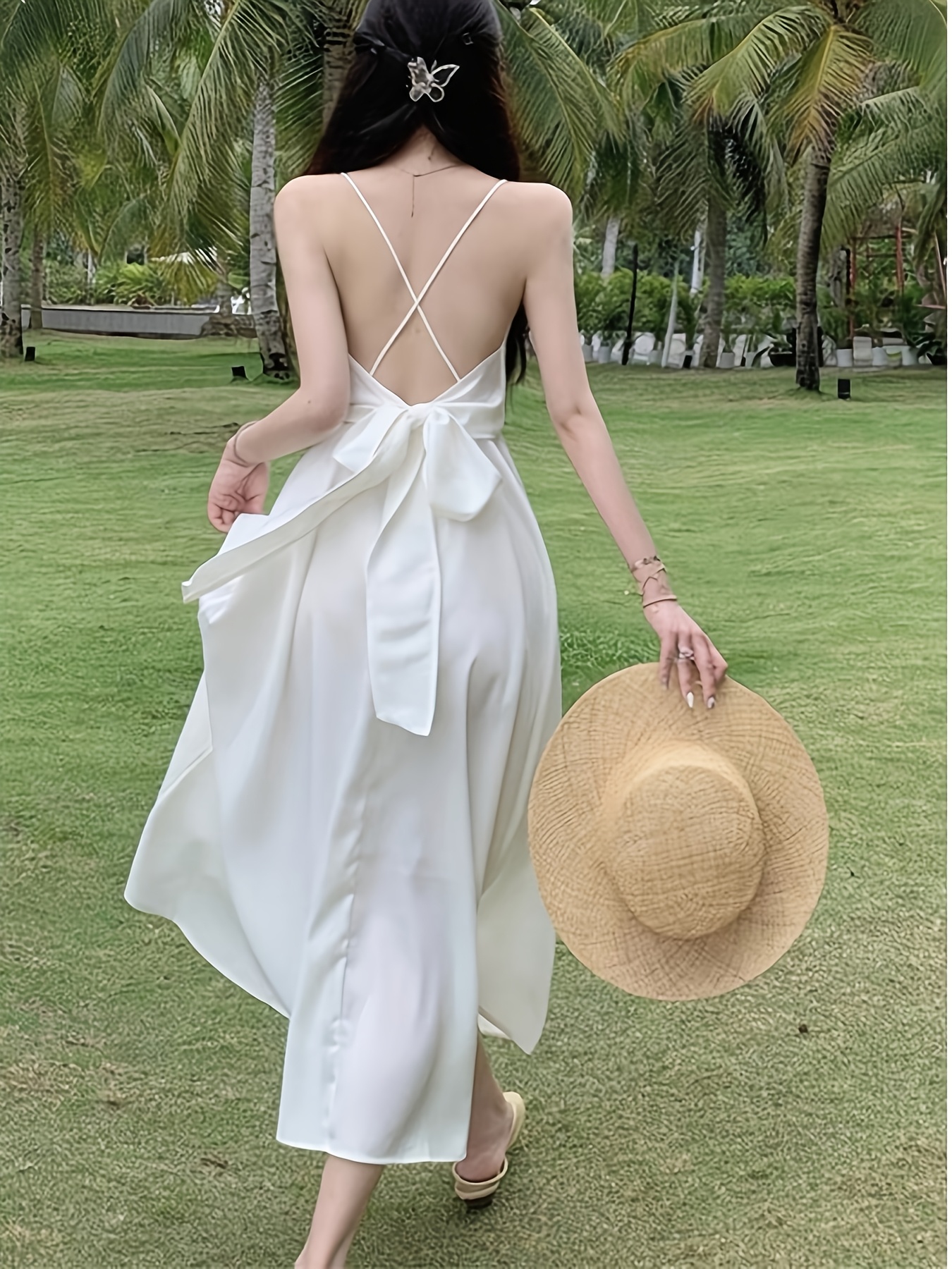 a white spaghetti strap dress a sexy v neck open back Temu Bahrain