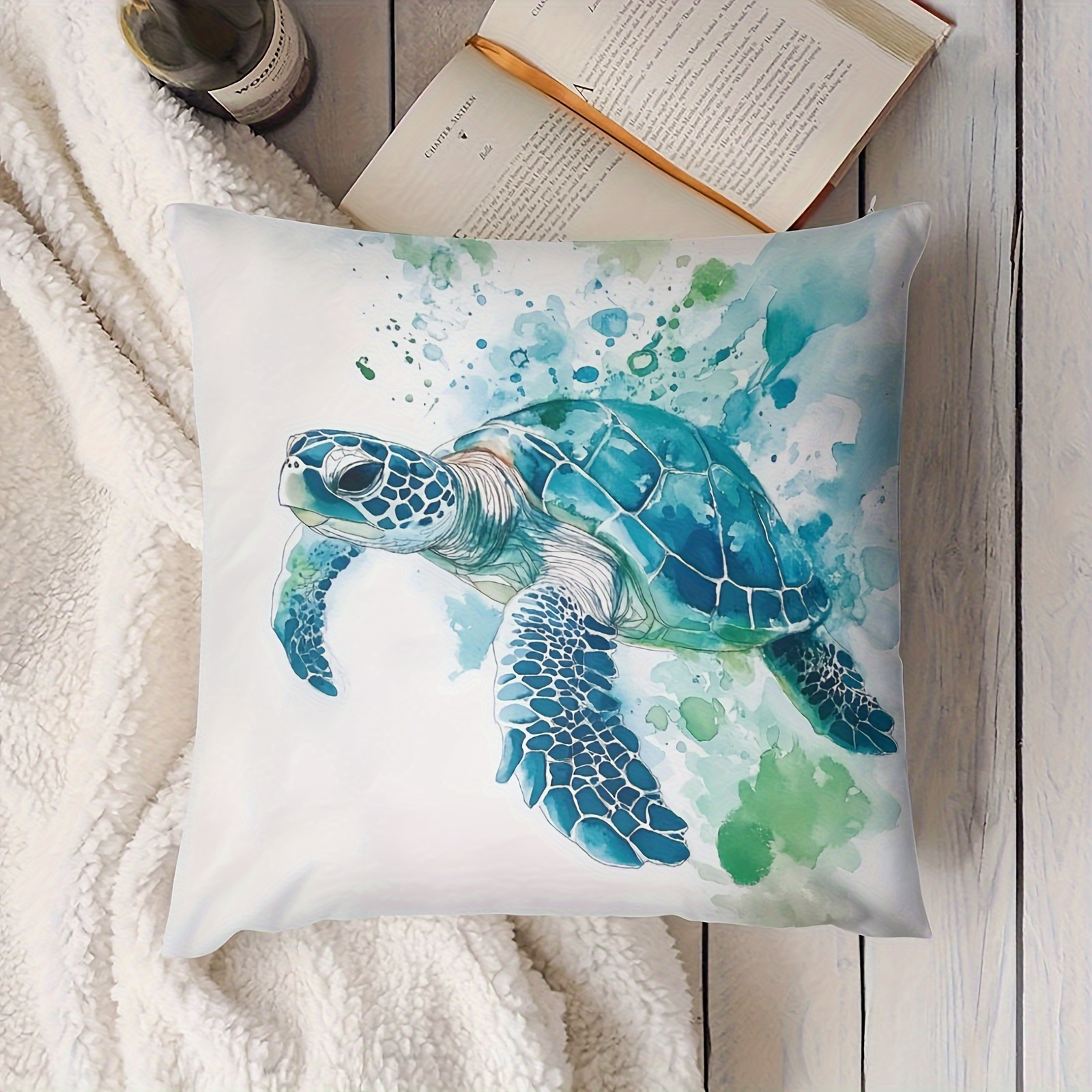 

Autumn Harvest Watercolor Sea Turtle Cushion Cover - 18x18 Inch, Zip Closure, Machine Washable Polyester Pillowcase For Sofa & Farmhouse Decor