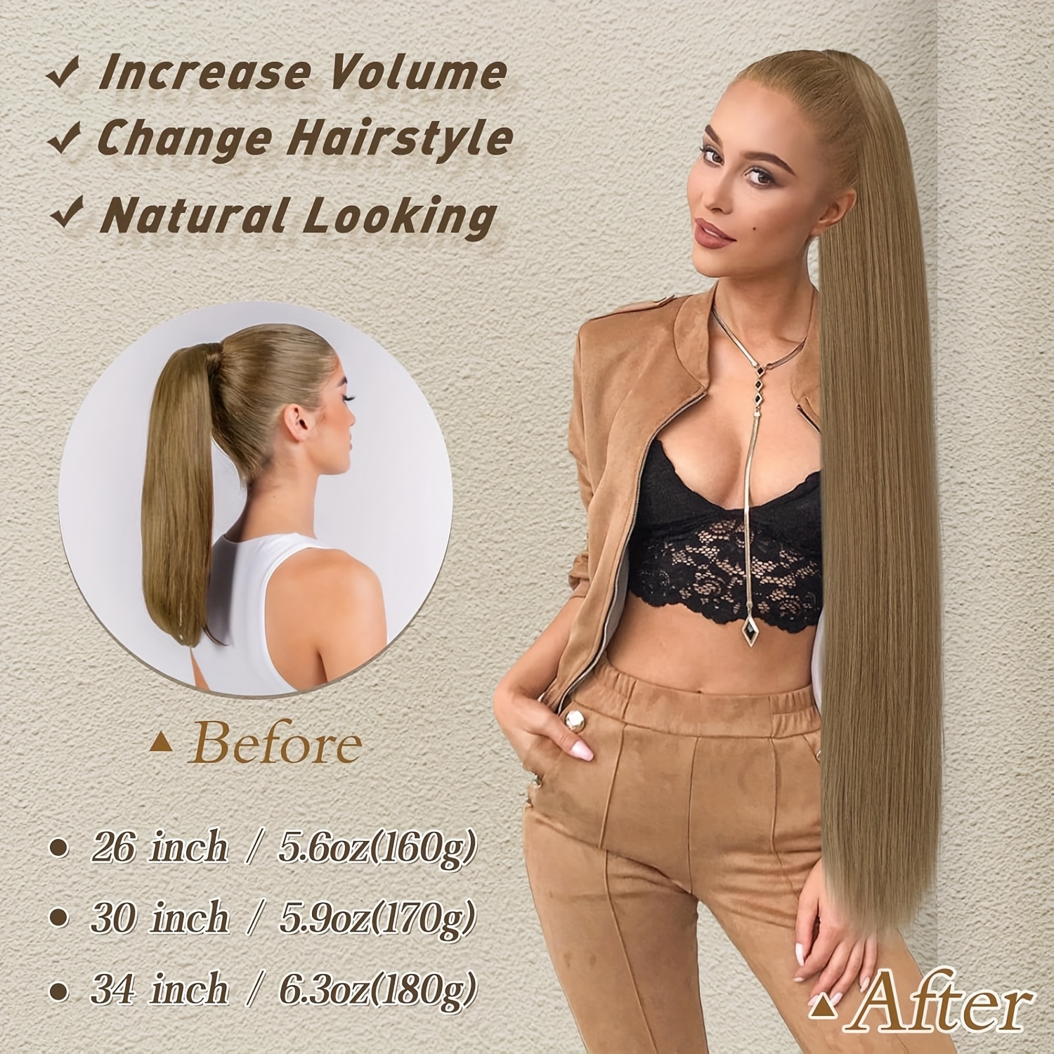   brown ponytail extension 34 inch long straight drawstring ponytail hair extensions synthetic clip in pony tails hairpieces   straight ponytail for women girls daily details 2