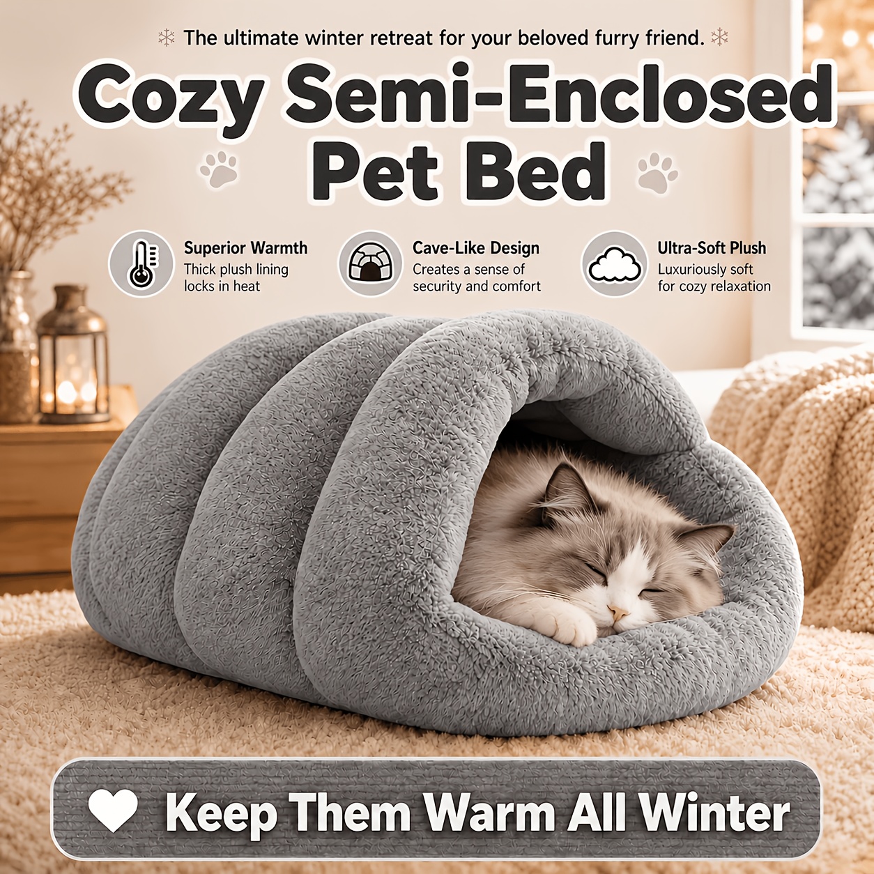 TEMU Winter Warm Semi-enclosed Cat Bed, Thickened Autumn/winter Pet Sleeping Bag, Cat Tunnel Bed, Soft Long Plush Cat Cave, Universal Foldable Cat