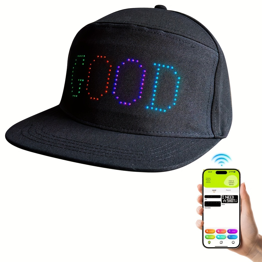 

Wireless Led Flat Brim Baseball Cap - Connected Smart App Programmable, Message Scrolling Led Display, Battery Rechargeable - For Outdoor Activities, Party, Camping, Gifts