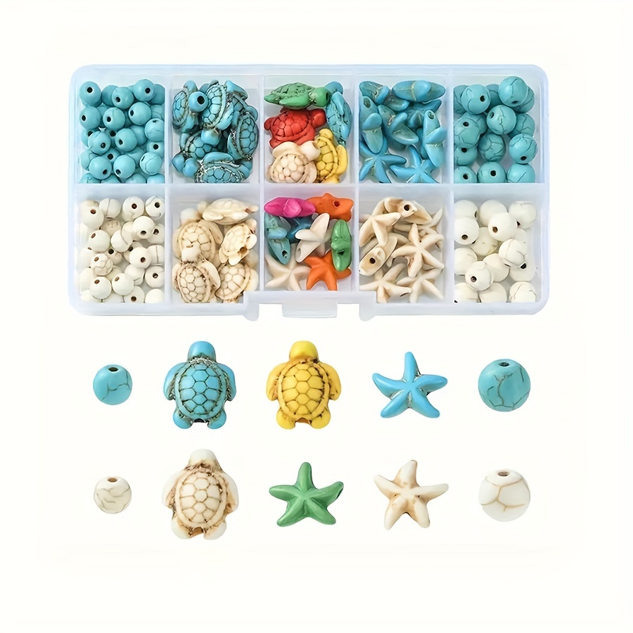 

200pcs Ocean- Making Kit - Vibrant Synthetic Turquoise, Starfish, Turtle & Dolphin Charms, Mixed Beads In Organizer Box For Diy Bracelets & Necklaces, Jewelry Making Supplies