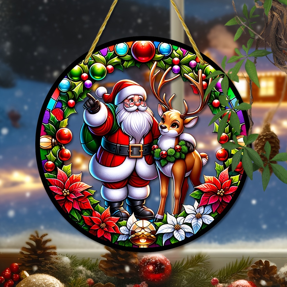 

Santa & Reindeer Acrylic Suncatcher - 8"x8" Round Translucent Hanging Decor, Christmas Window & Wall Decoration, Ideal Holiday Gift For Home, Bar, And Restaurant