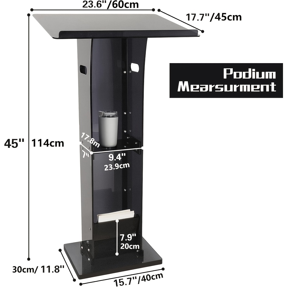 Acrylic Podium, Transparent Black, Easily Movable Acrylic Lectern with Storage Shelf, Suitable for Classrooms, Weddings, Meetings, Concerts, And Professional Presentations