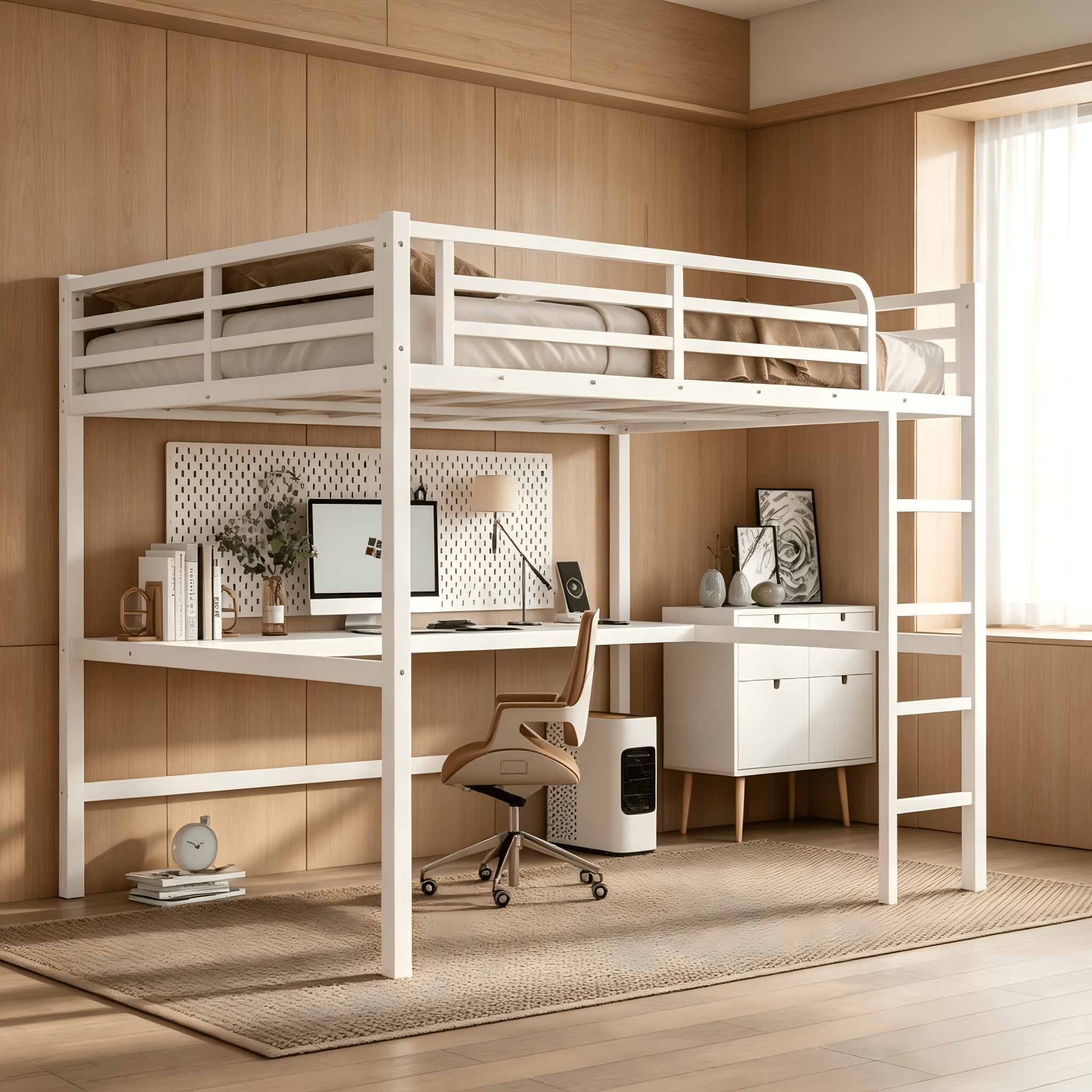 BELLEMAVE Queen Size Heavy-Duty Metal Loft Bed Frame with Built-In Desk, Side Ladder And Full Safety Guardrails, Noise-Reduced Loft Bed, No Box Spring Required, Modern Bedroom Furniture for Small Apartments, Off White