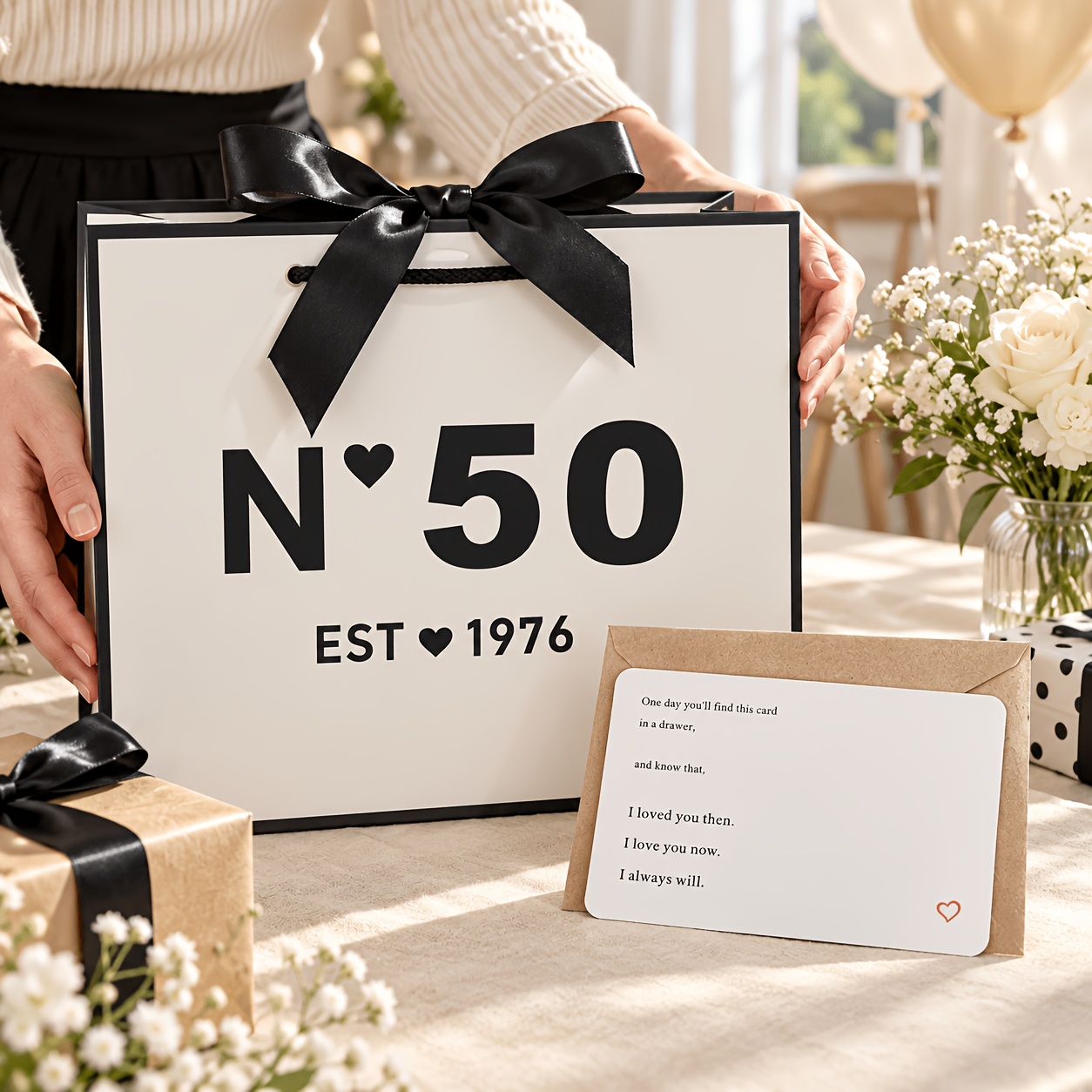 TEMU 1pc 50th Birthday Gift Bag With Matching Greeting Card And Ribbon Bow, Large Reusable Gift Bag With Sturdy Handles For 50th Birthday Party, ,