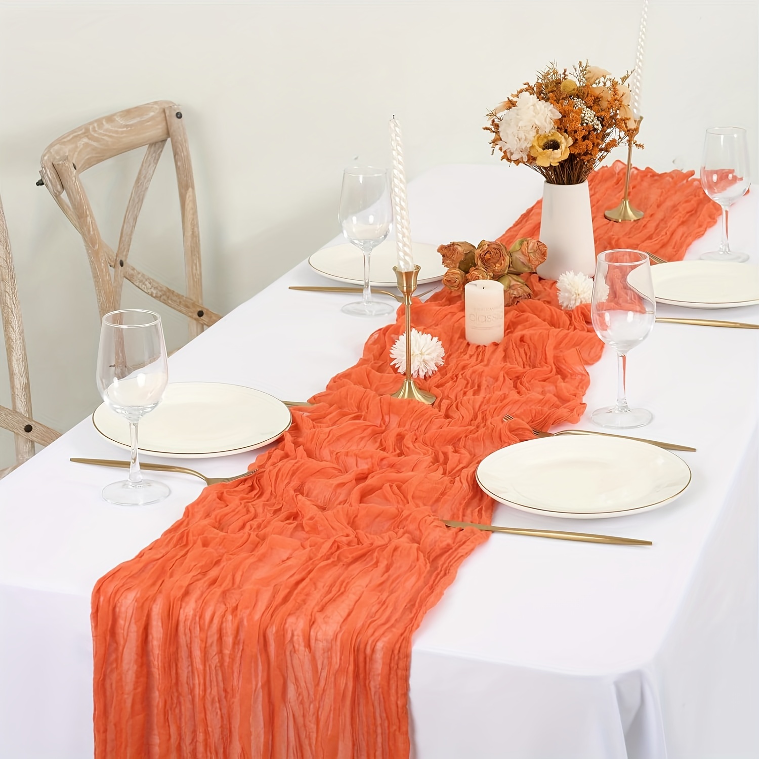 

1pc, Rustic Orange Cheesecloth Table Runner, Bohemian Romantic Gauze Tablecloth, Polyester Cheese Cloth For Wedding Party, Bridal Shower, Thanksgiving, Christmas Decor, Festive Event Linens