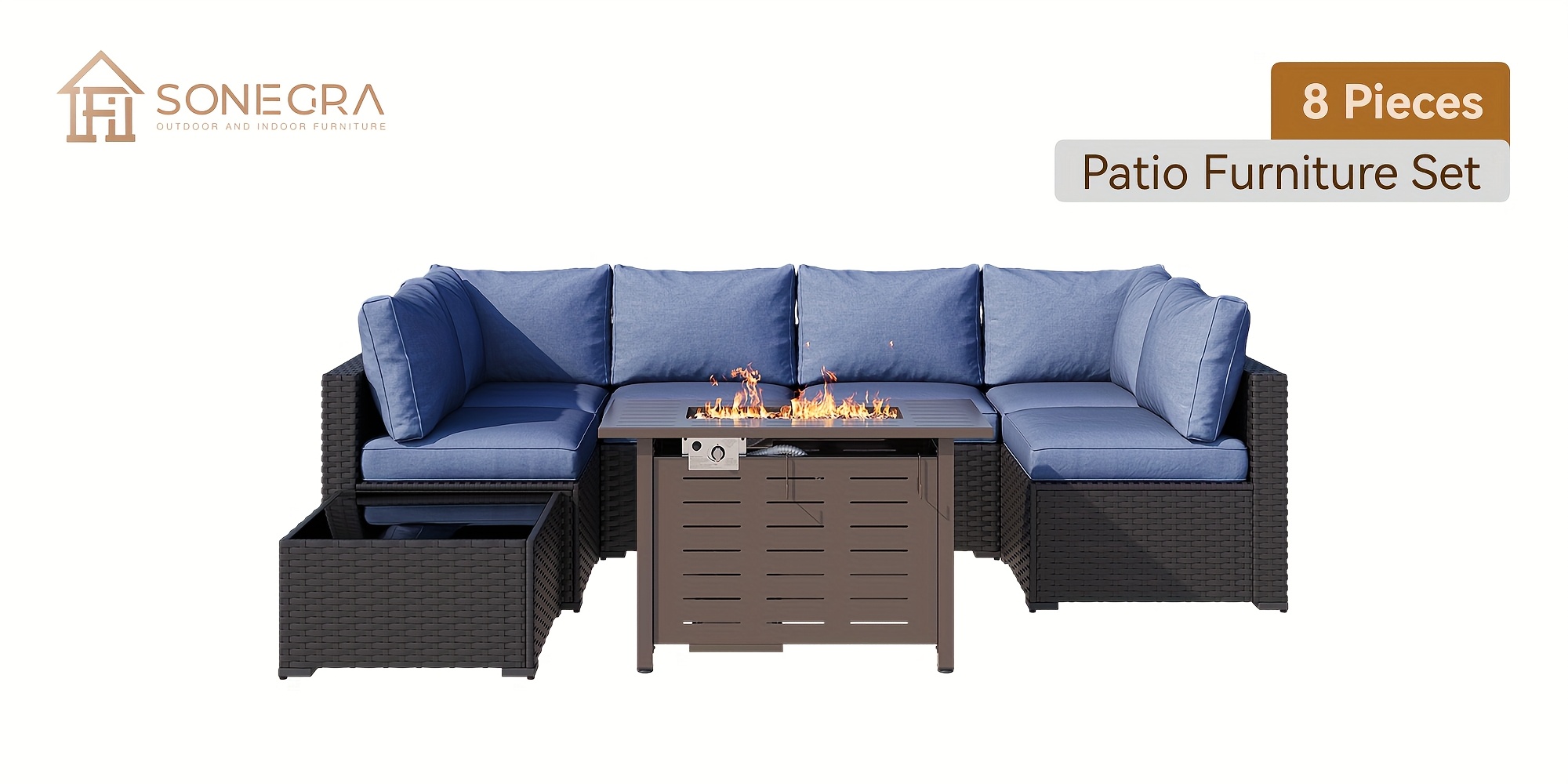 3 - 8pcs Outdoor Sectional Patio Furniture Set with Patio Umbrella/Outdoor Fire Pit | L-Shaped Wicker Rattan Conversation Set | 4