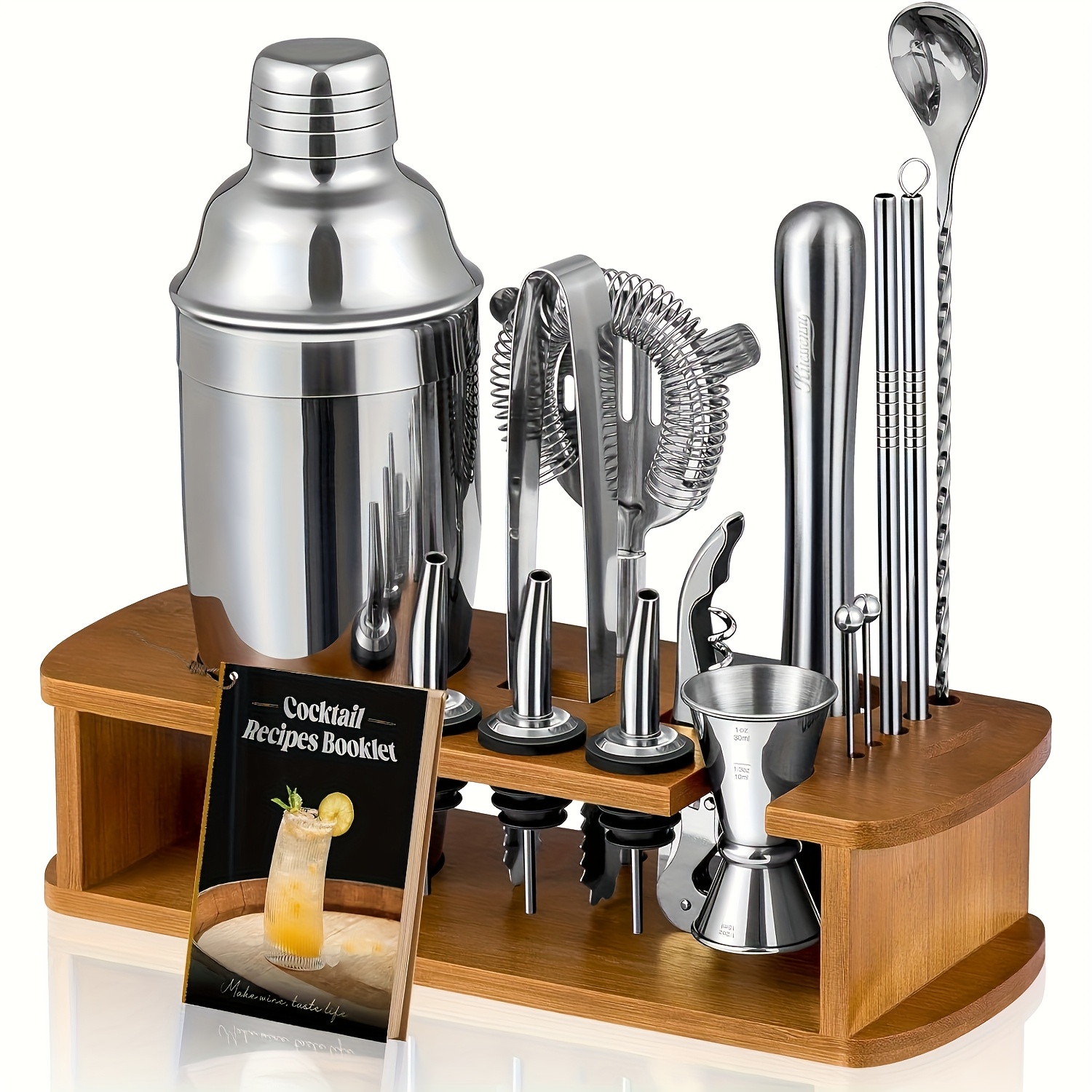 TEMU Cocktail Shaker Set Bartender Kit With Stand | Bar Set Drink Mixer Set With Accessory Tools: Martini Shaker, Jigger, Strainer, Mixer Spoon,