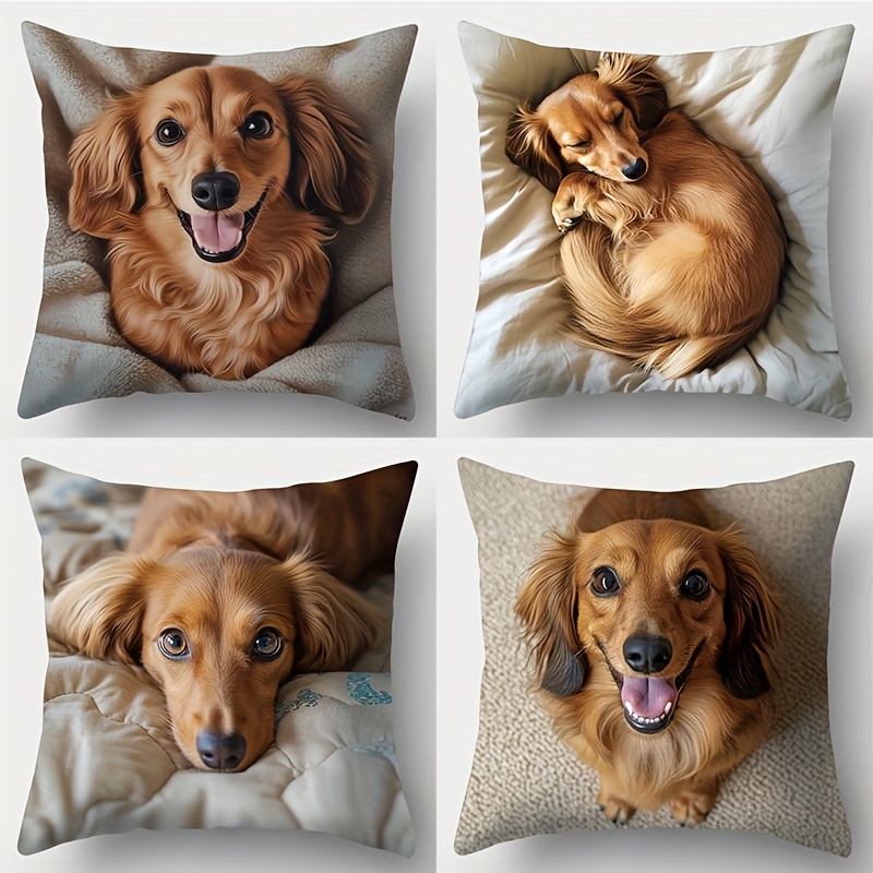 TEMU 4pcs Set, Printed Pillowcase, Dachshund Themed Pattern, The Dachshunds On Pillows Have Different Postures, Either Sticking Out Their Or Up To