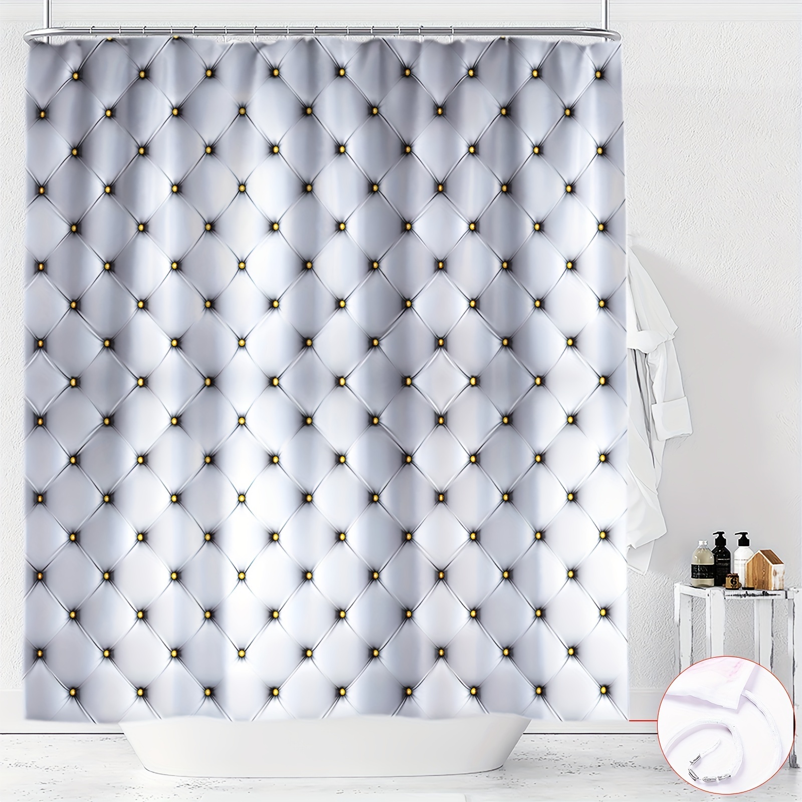 Chic White Leather Diamond Pattern Shower Curtain with Hooks Waterproof Machine Washable Polyester Fabric for Perfect Bathroom Decor