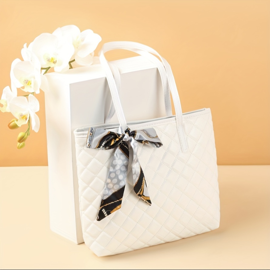 

Quilted Pattern Tote Bag With Scarf Detail - Simple Pu Shoulder Handbag With Fixed Straps, Black, White