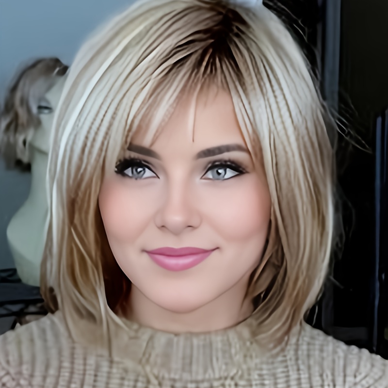 TEMU 1pc Daily Elegant Gradient Golden Short Bob Wig With Bangs For Women - Fashionable Layered Straight Hair, High-density Synthetic Hair, Parties And Halloween Wig
