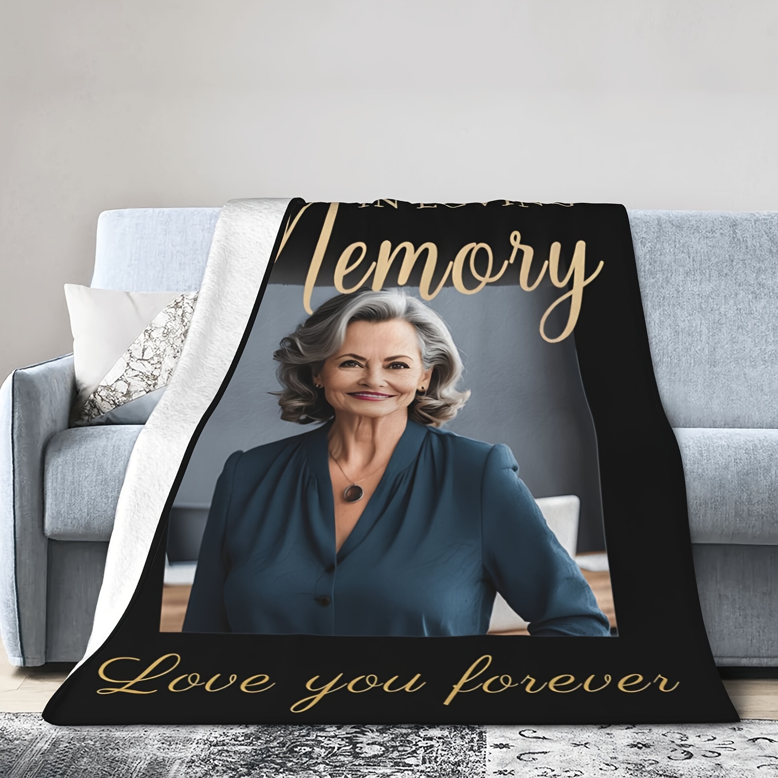 

Personalized Memorial Blanket With Custom Photo & Message - "" Sympathy Flannel Throw, Black With Golden & Wooden Background - Cozy Grief Remembrance Gift For Loss Of , Memorial Keepsakes