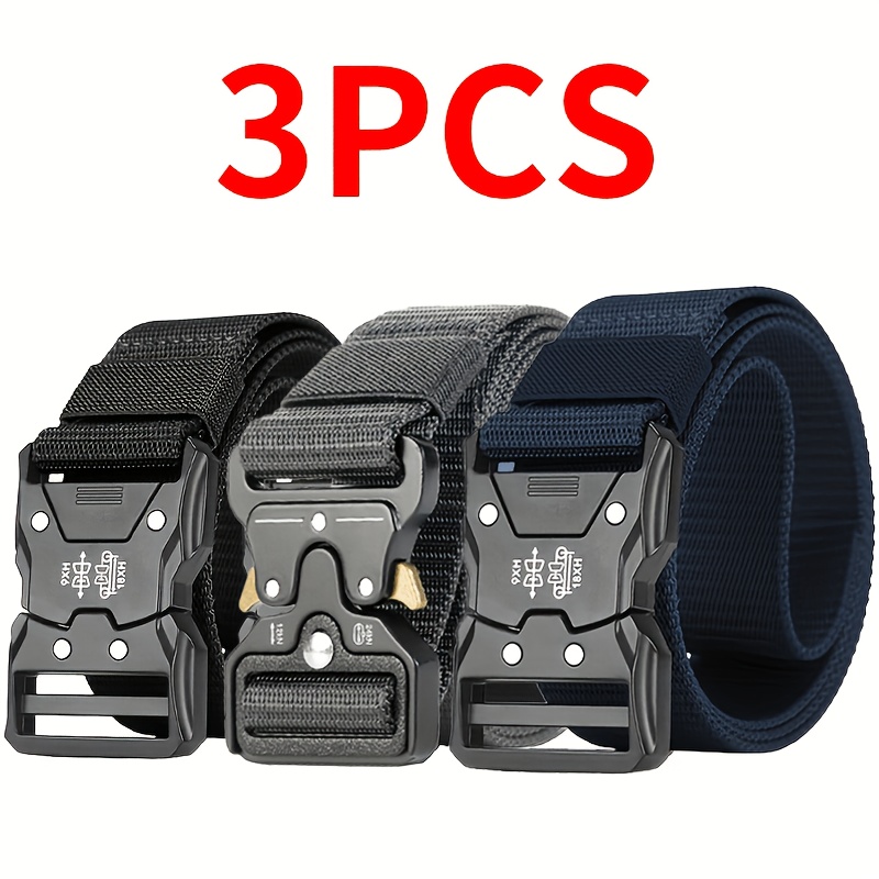 TEMU 3pcs Men's Tactical Nylon Belts-heavy-duty Woven Belts With Automatic Buckles, Perfect For Jeans And Outdoor Activities. Durable Outdoor Gear