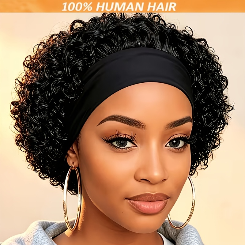 TEMU Human Hair Wig Headband Wig For, No Glue Short Cut Wig With Afro Curly/kinky/deep Wave Human Hair, 200% Density, Wigs Human Hair, Glueless, Wig